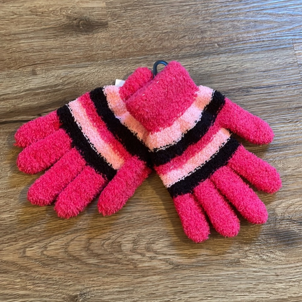 NWT Smarttrend Pink & Black Striped Fuzzy Gloves